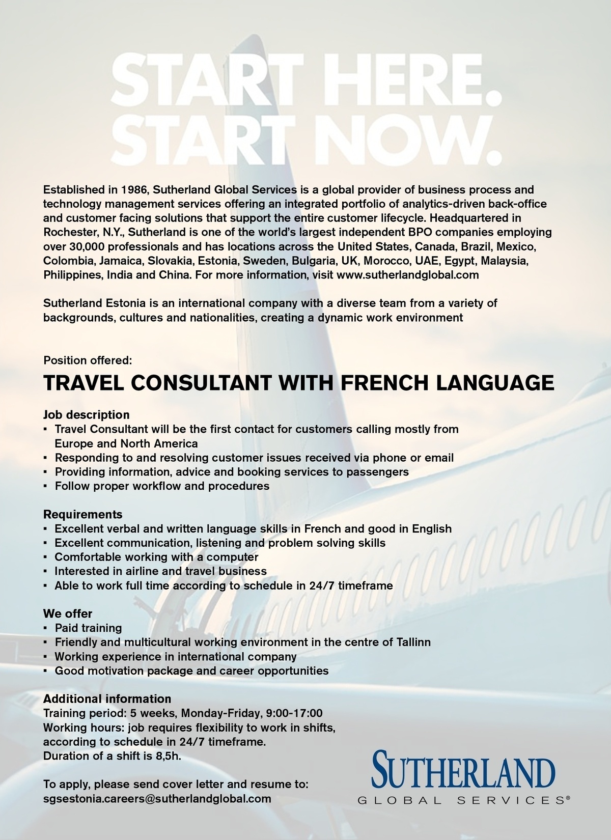Sutherland Global Services OÜ Travel Consultant with French language