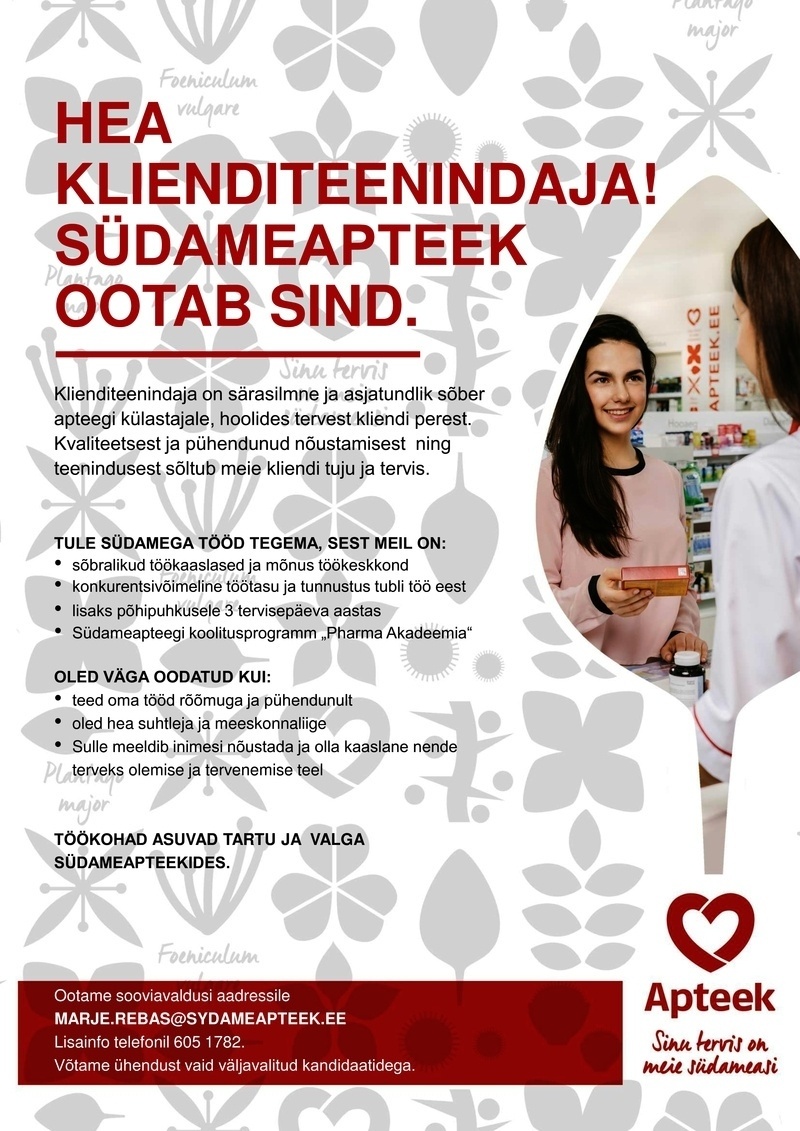 Pharma Holding OÜ Klienditeenidaja Tartu ja Valga Südameapteekides