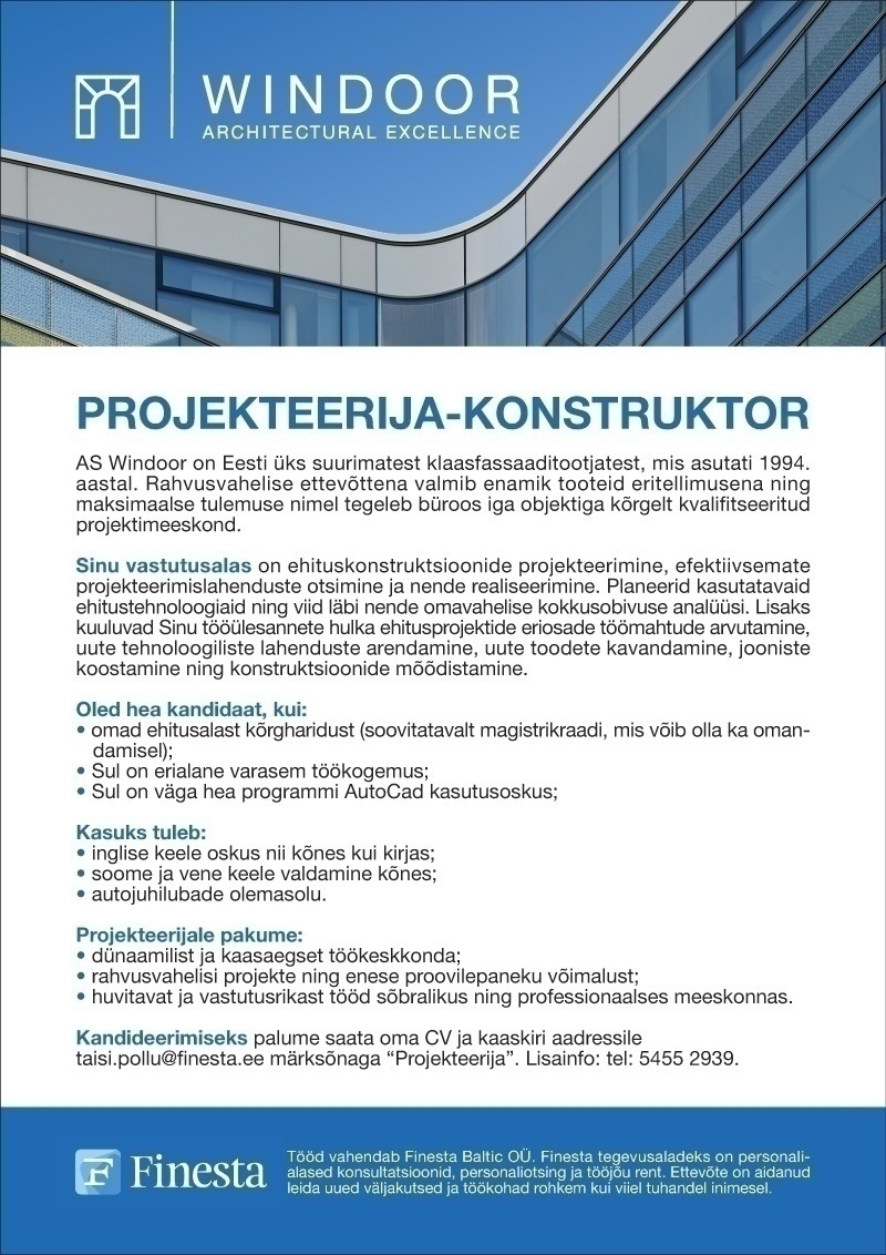 Finesta Baltic OÜ Projekteerija-konstruktor