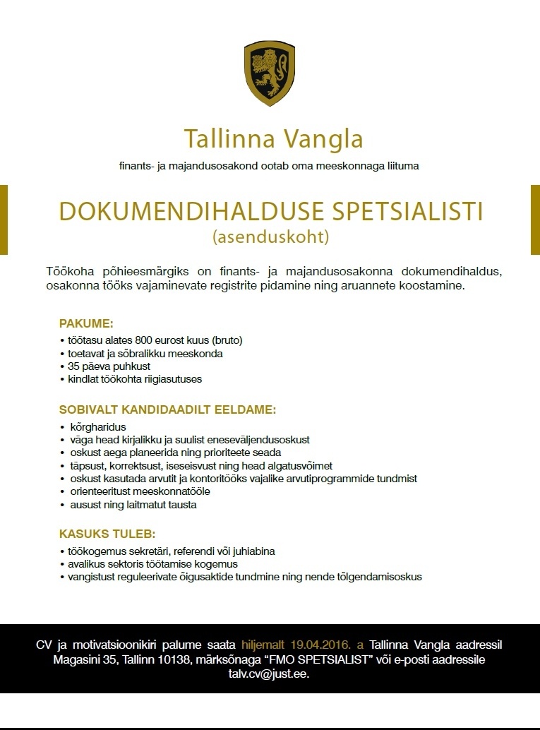 Tallinna Vangla Dokumendihalduse spetsialist (asenduskoht)