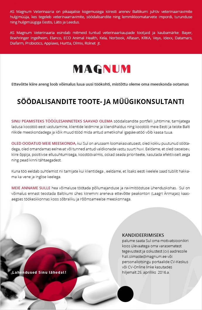 Magnum Veterinaaria AS  SÖÖDALISANDITE TOOTE- JA MÜÜGIKONSULTANT