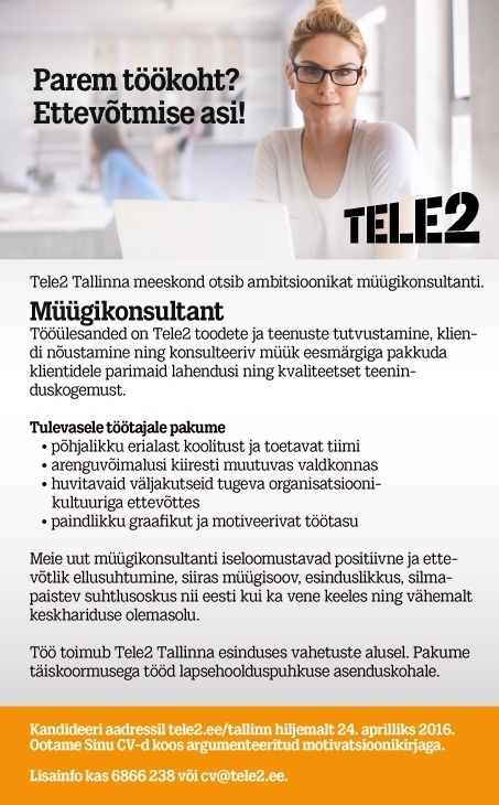 Tele2 Eesti AS Müügikonsultant Tallinnas