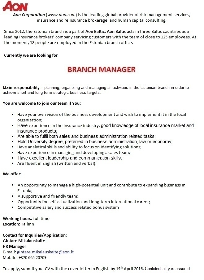 UADBB AON BALTIC EESTI FILIAAL Branch Manager