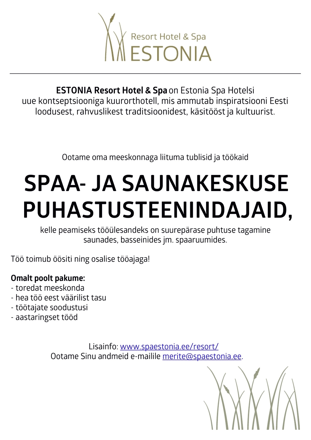 Estonia Spa Hotels AS Spaa- ja saunakeskuse puhastusteenindaja