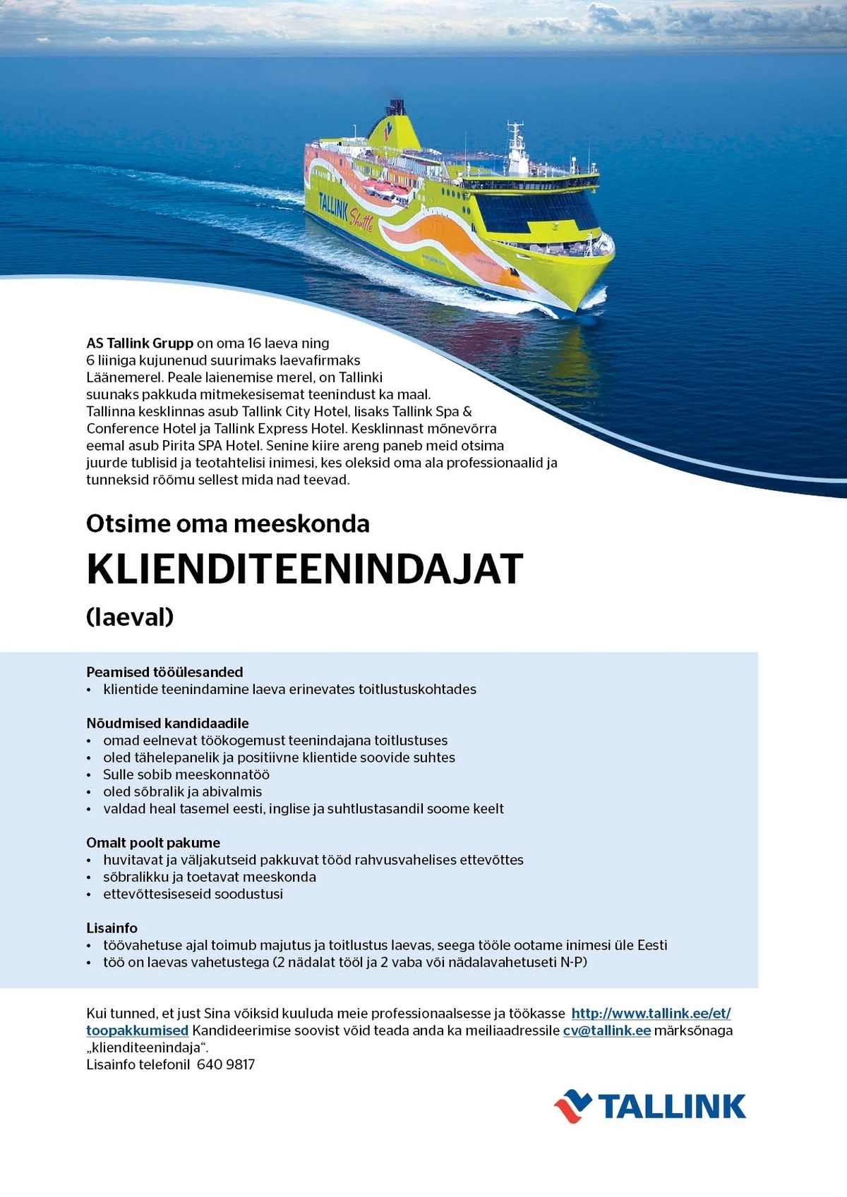 Tallink Grupp AS Klienditeenindaja (Tallinki laeval)