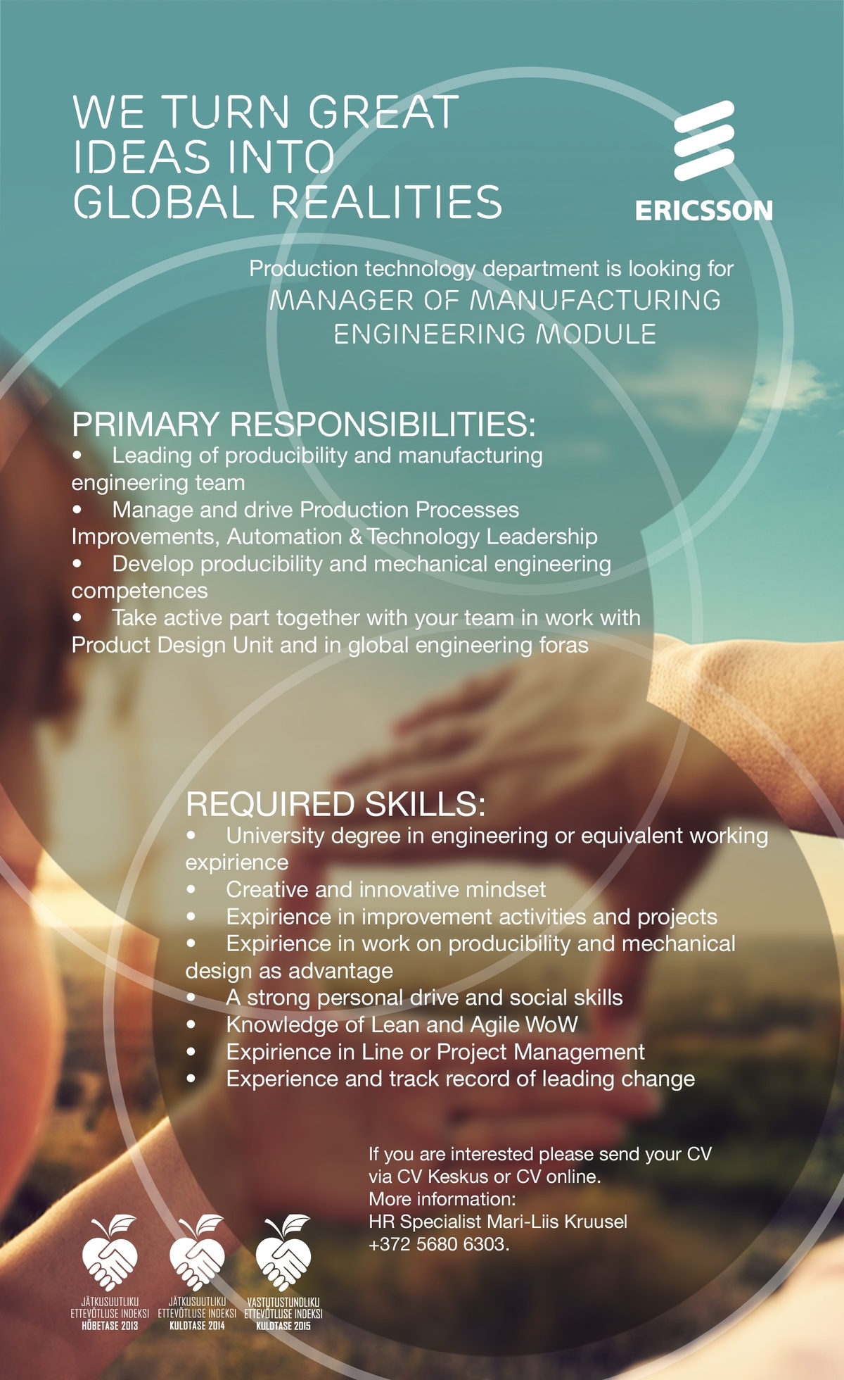 Ericsson Eesti AS MANAGER OF MANUFACTURING ENGINEERING MODULE