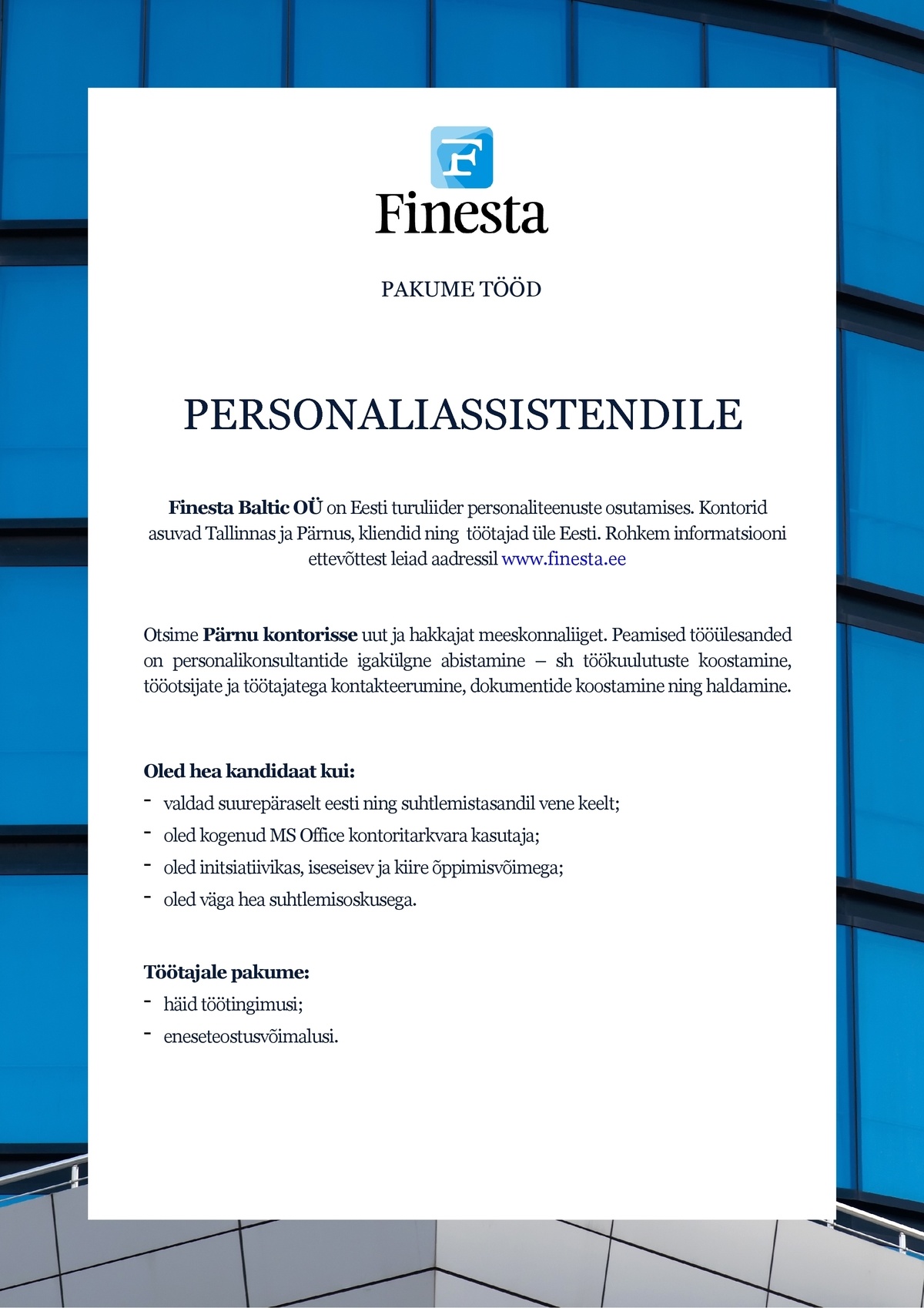 Finesta Baltic OÜ Personaliassistent