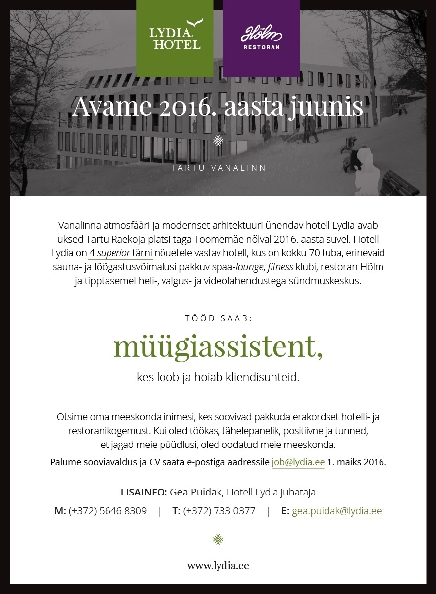 Lydia hotell OÜ Müügiassistent