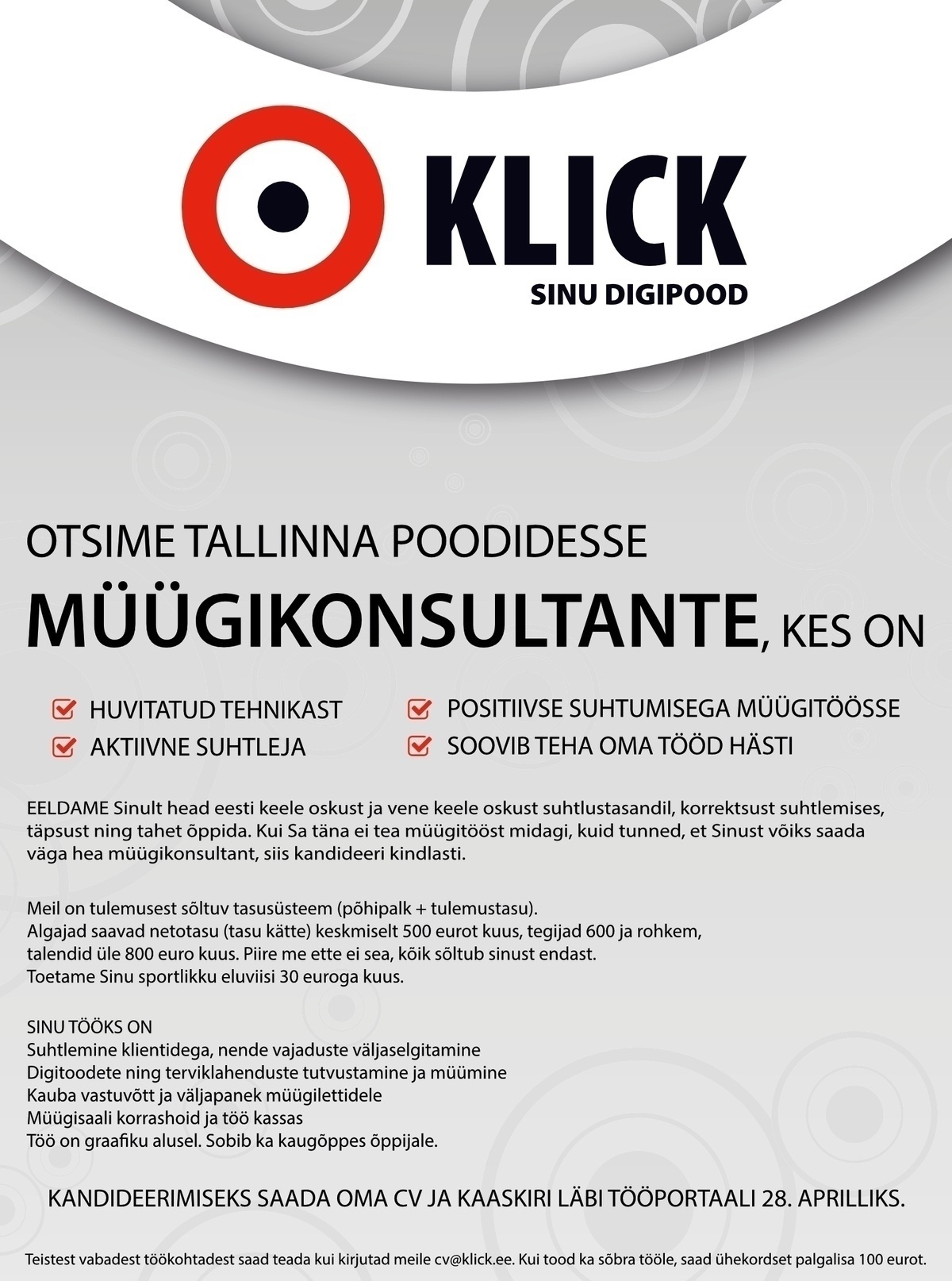 Klick Eesti AS Müügikonsultant (Järve, Viru, Rocca al Mare, Kristiine, Mustika keskustes)