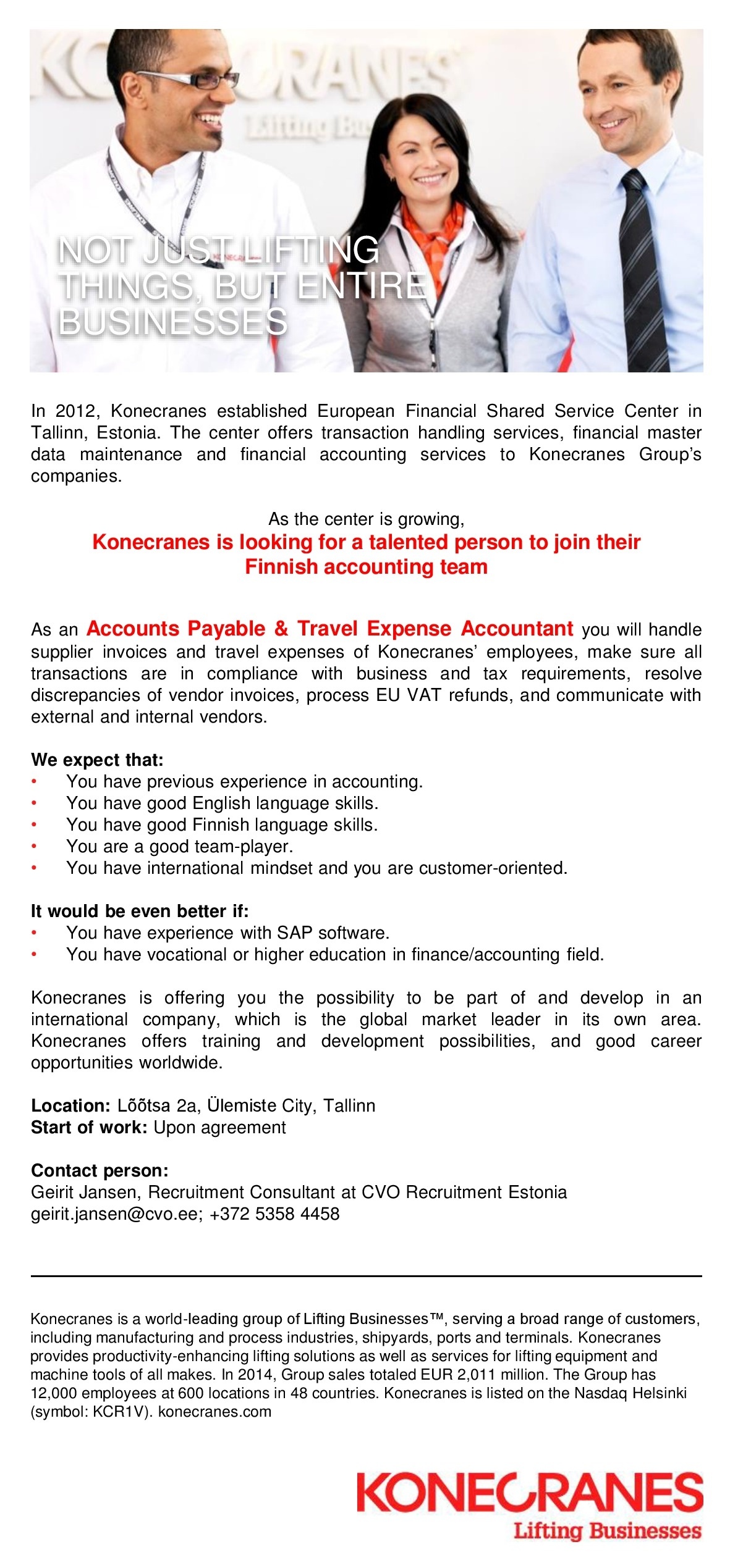 Konecranes Financial Shared Service Center Accountant (Finnish team)