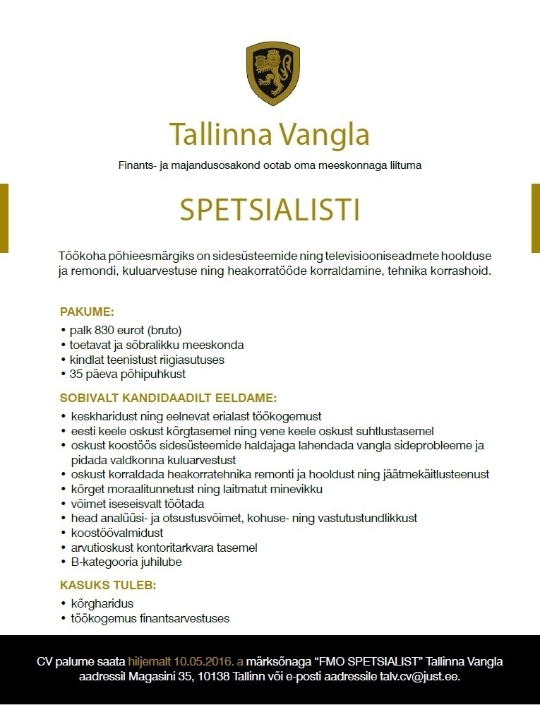 Tallinna Vangla Finants- ja majandusosakonna spetsialist