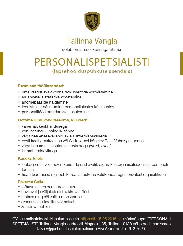 Tallinna Vangla Personalispetsialist (asenduskoht)