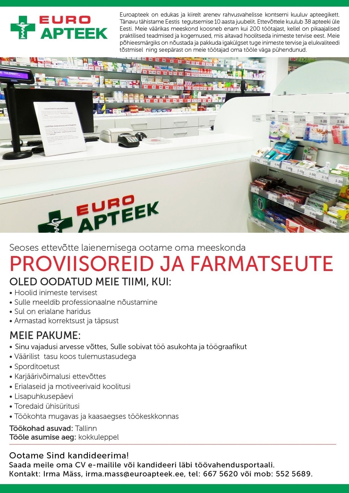 Euroapteek OÜ Proviisor ja farmatseut