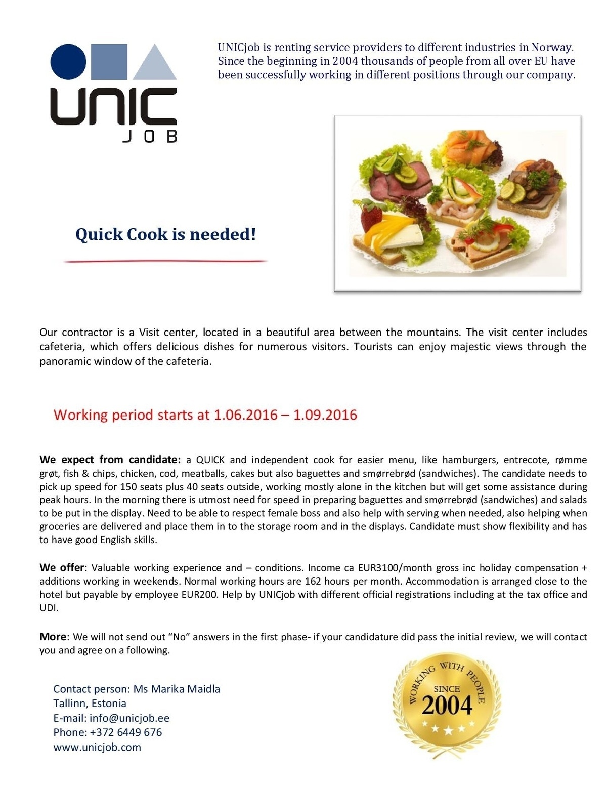 Unic Management OÜ  COOK 1.06 - 1.09.2016