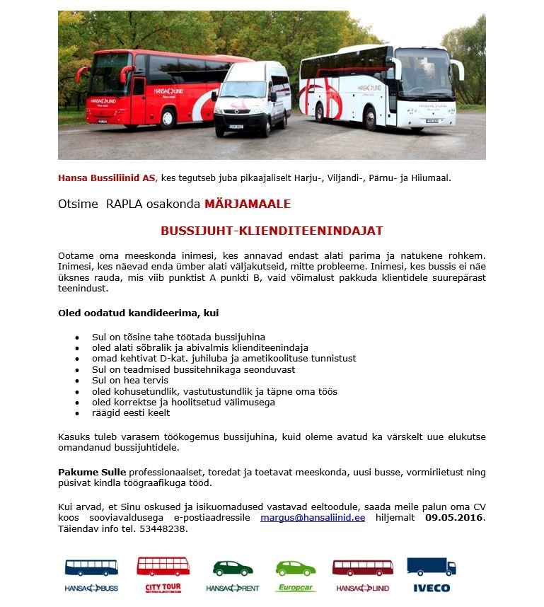 Hansabuss AS Bussijuht- klienditeenindaja MÄRJAMAALE