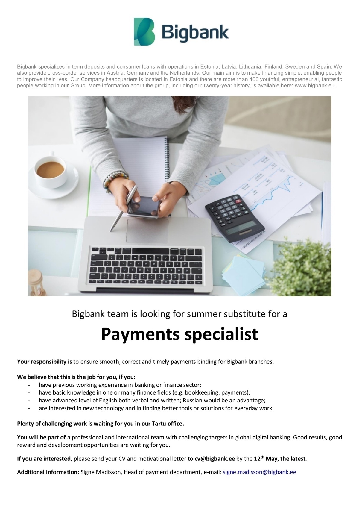 Bigbank AS Payments specialist