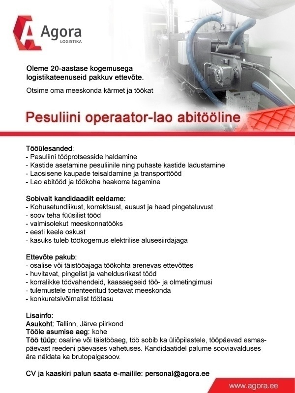 Agora DC OÜ Pesuliini Operaator- Lao Abitööline