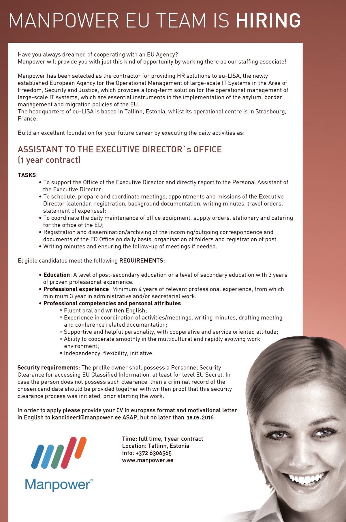 Manpower OÜ EuLISA: ASSISTANT TO THE EXECUTIVE DIRECTOR`s OFFICE (1 year contract)