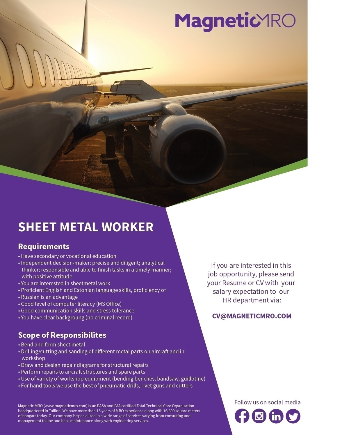 Magnetic MRO AS Sheet Metal Worker / Lehtmetalli spetsialist