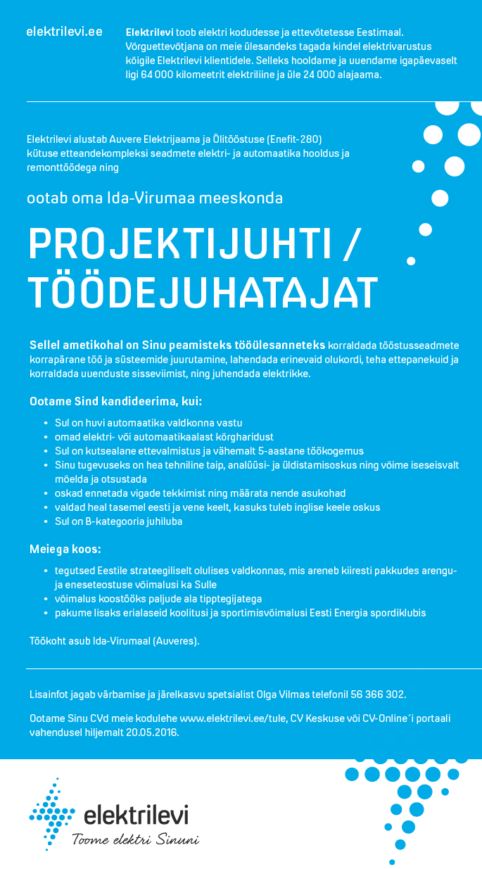 Eesti Energia AS PROJEKTIJUHT/TÖÖDEJUHATAJA