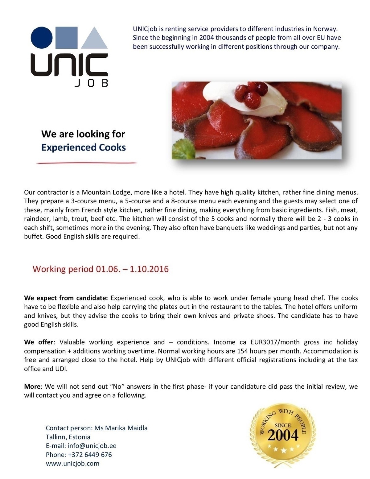 Unic Management OÜ  COOK 1.06 - 1.10.2016