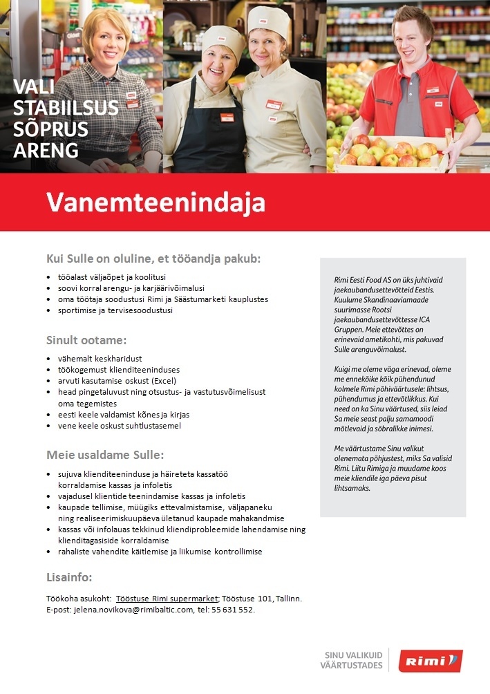 Rimi Eesti Food AS Vanemteenindajad - Tööstuse Rimi supermarket