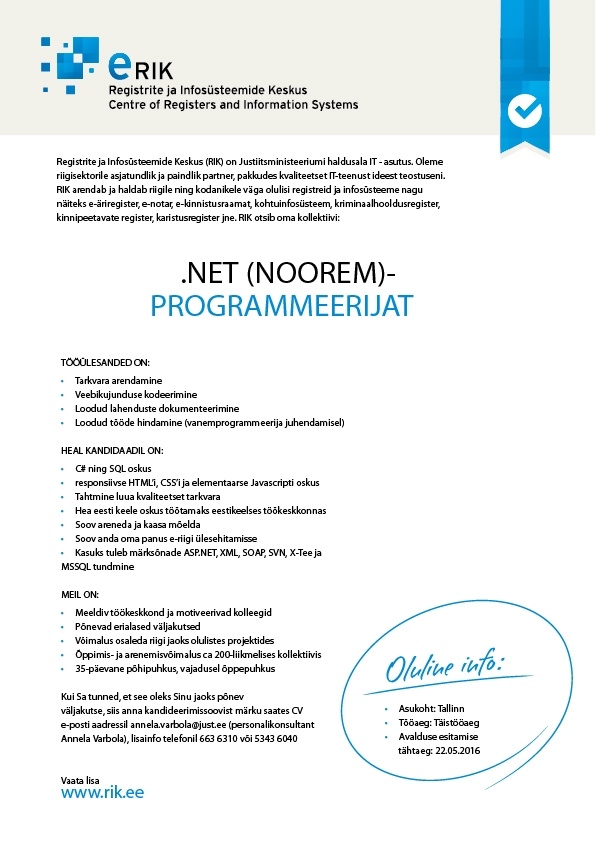 Registrite ja Infosüsteemide Keskus .NET nooremprogrammeerija
