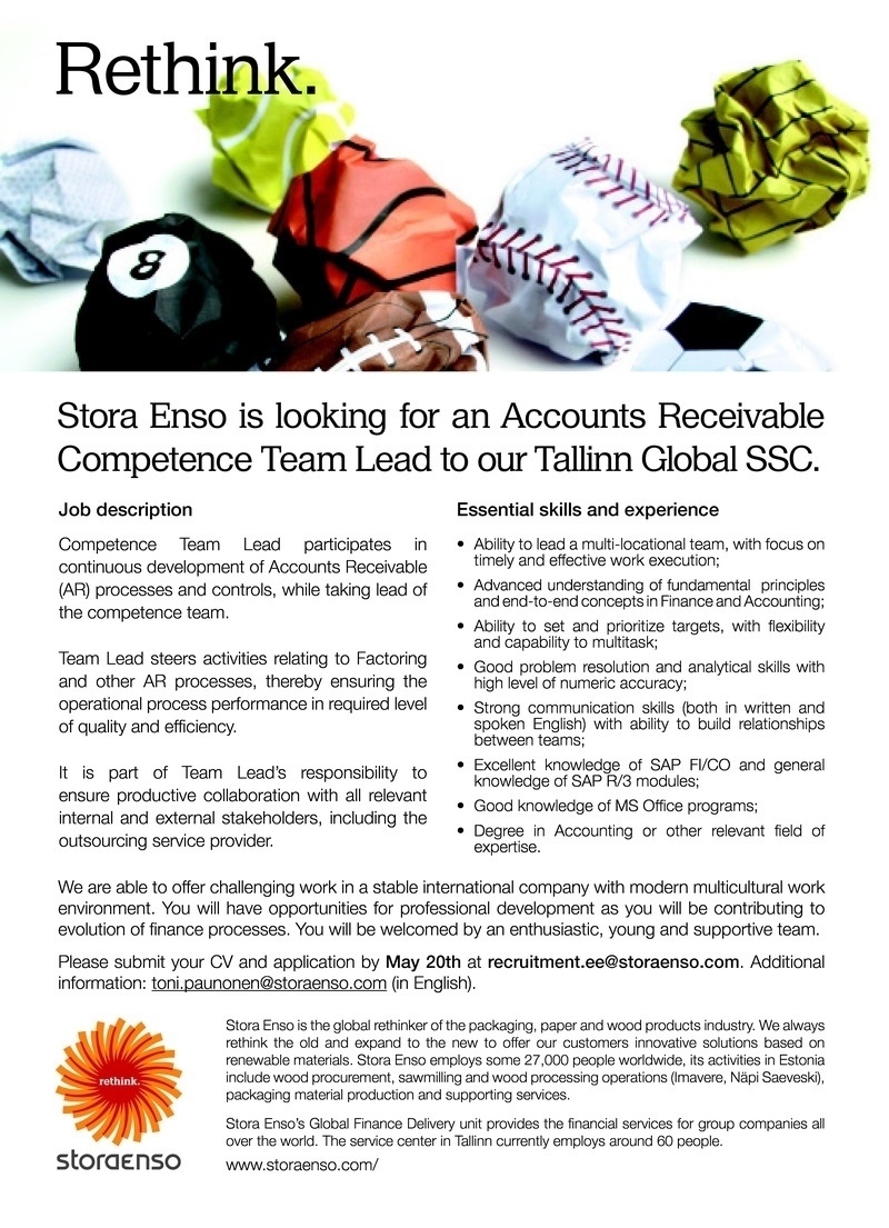 Stora Enso Eesti AS Team Lead, Accounts Receivable