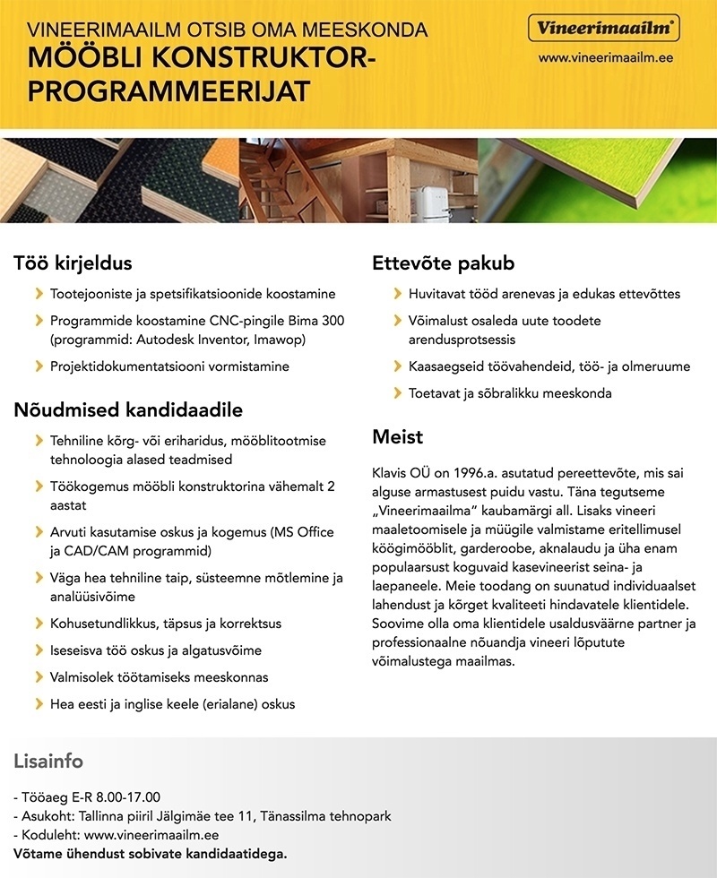 Klavis OÜ Mööbli konstruktor-programmeerija