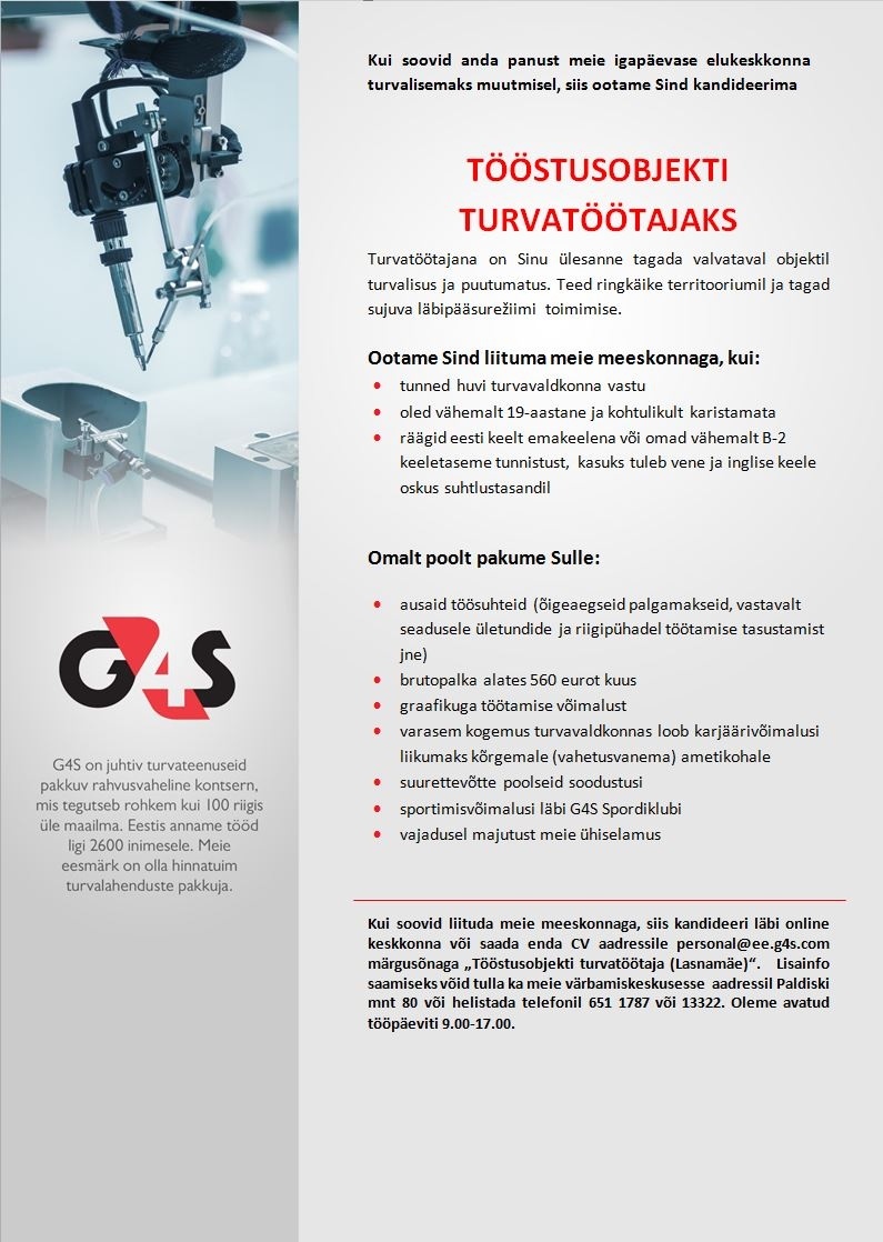 AS G4S Eesti Tööstusobjekti turvatöötaja (Lasnamäe)