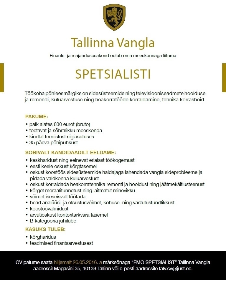 Tallinna Vangla Finants- ja majandusosakonna spetsialist