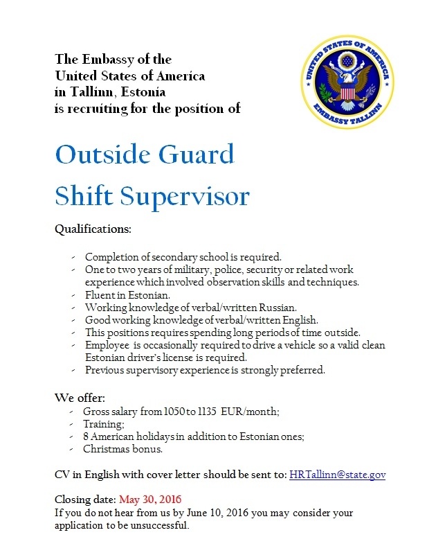 Ameerika Ühendriikide Suursaatkond Eestis Outside Guard, Shift Supervisor