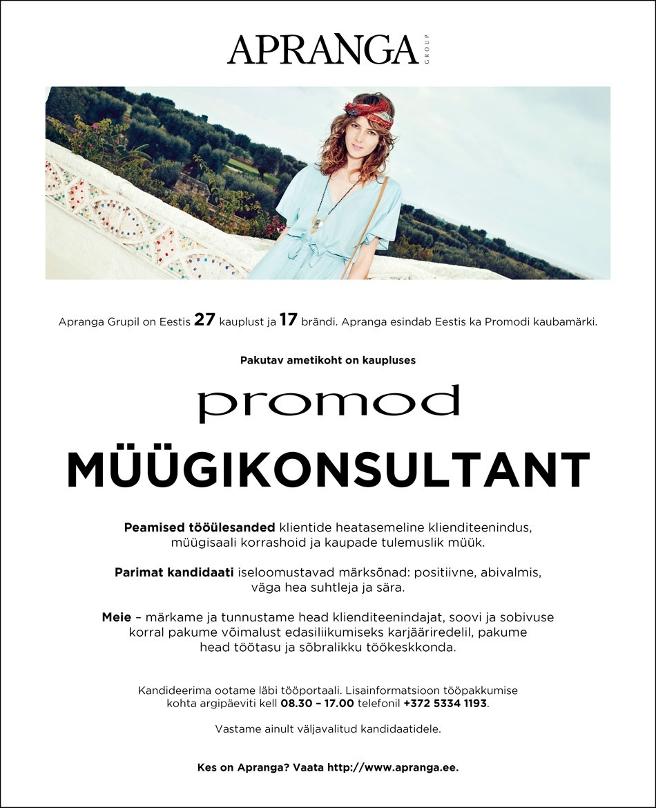 Apranga Estonia OÜ Promodi müügikonsultant