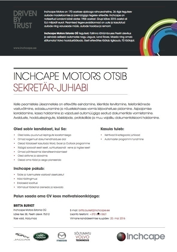 Inchcape Motors Estonia OÜ Sekretär-juhiabi