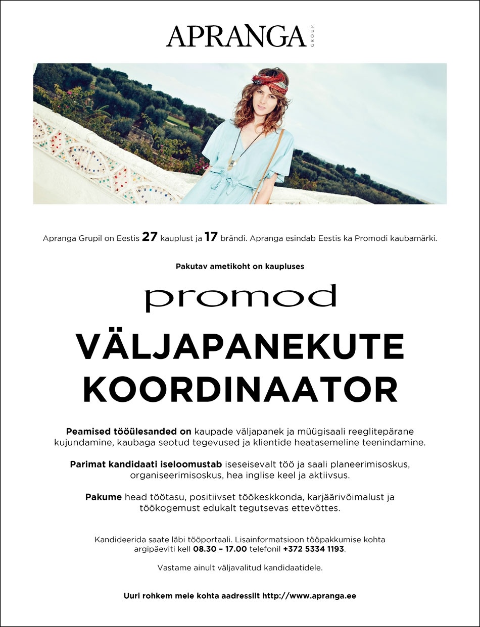 Apranga Estonia OÜ Promodi kaupluse väljapanekute koordineerija