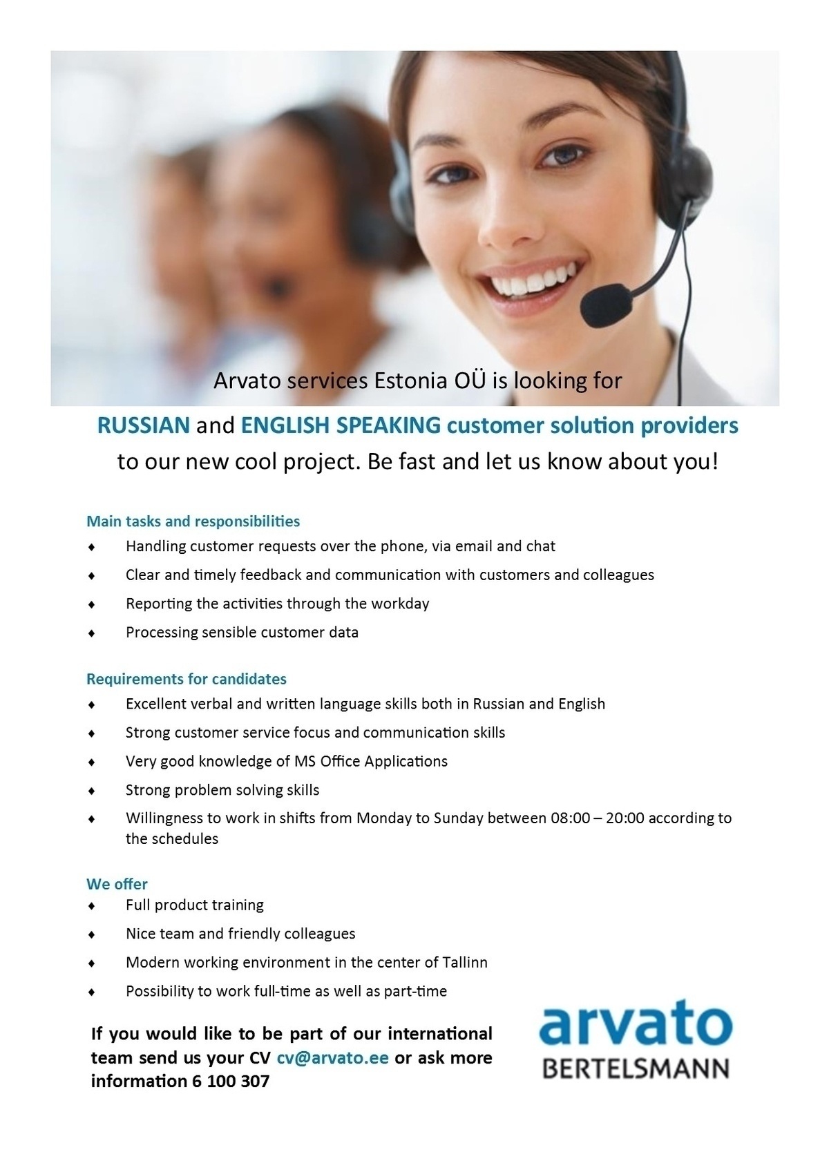 Arvato Services Estonia OÜ Russian and English speaking Customer Solution Provider