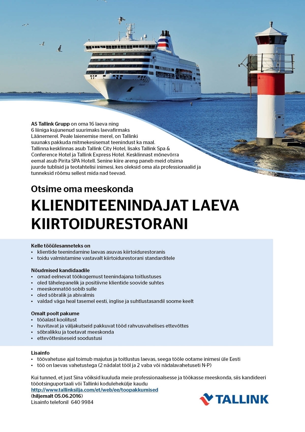 Tallink Grupp AS Klienditeenindaja laeva kiirtoidurestoranis
