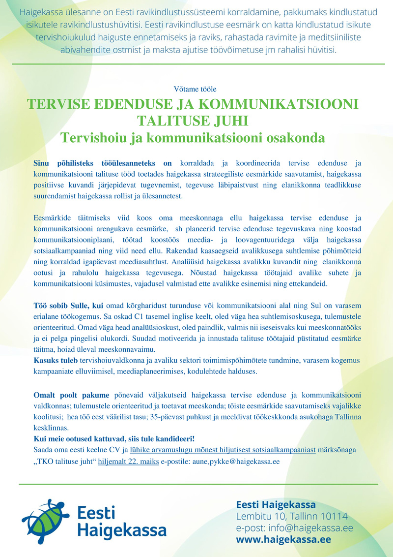 Eesti Haigekassa Tervise edenduse ja kommunikatsiooni talituse juht