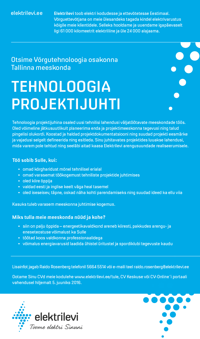 Eesti Energia AS TEHNOLOOGIA PROJEKTIJUHT