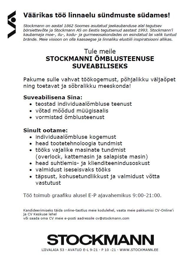 Stockmann AS Stockmanni õmblusteenuse suveabiline