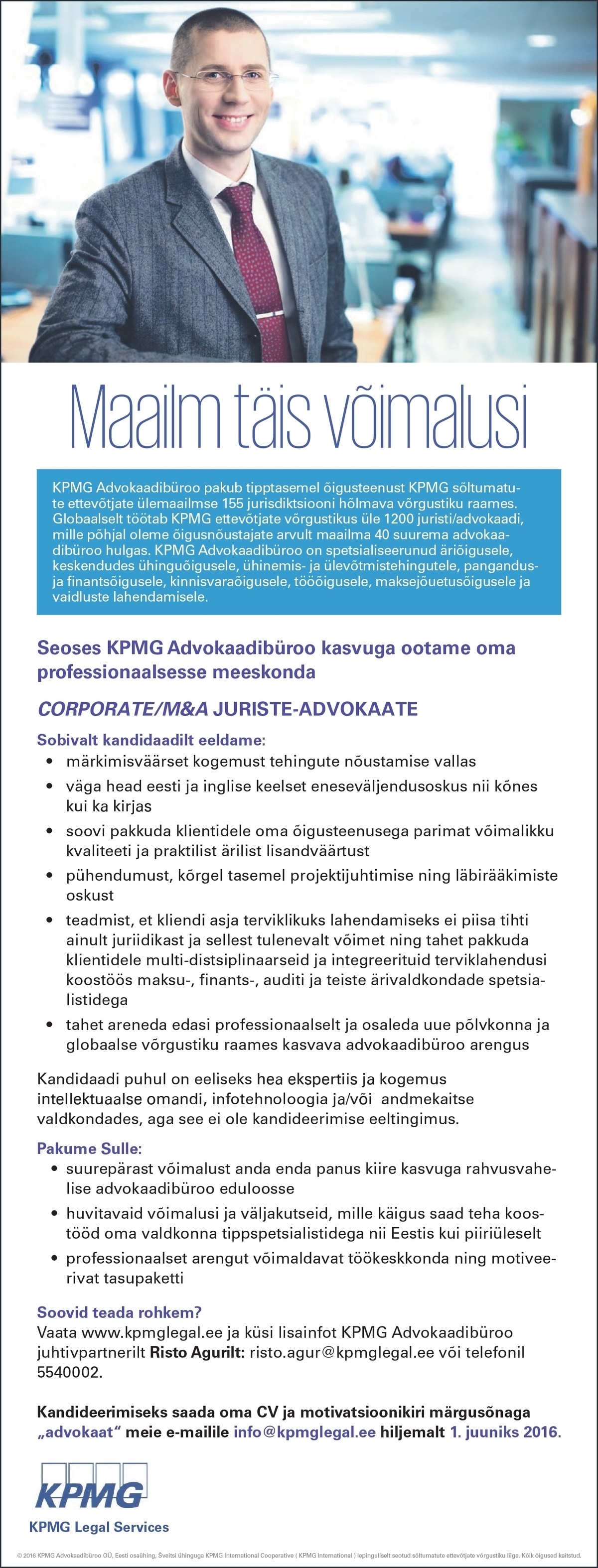 KPMG Advokaadibüroo OÜ CORPORATE/M&A JURIST-ADVOKAAT