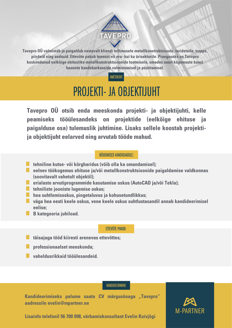 M-Partner HR OÜ Projekti- ja objektijuht