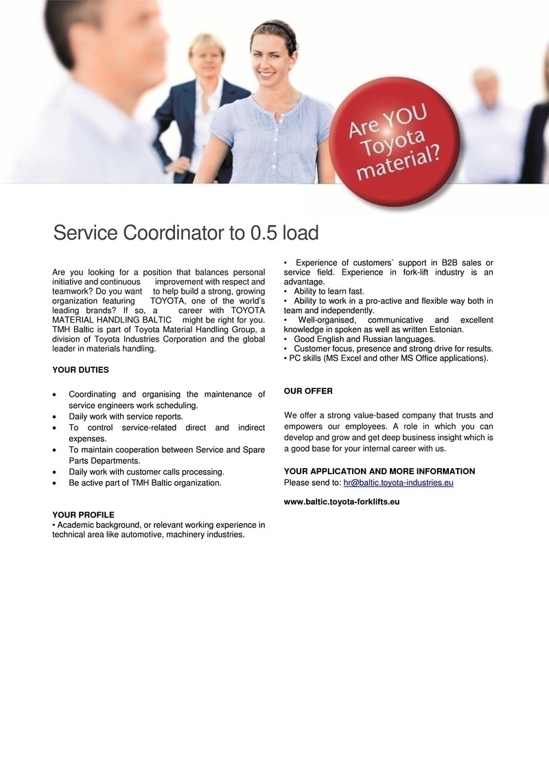 Toyota Material Handling Baltic SIA Service Coordinator to 0.5 load