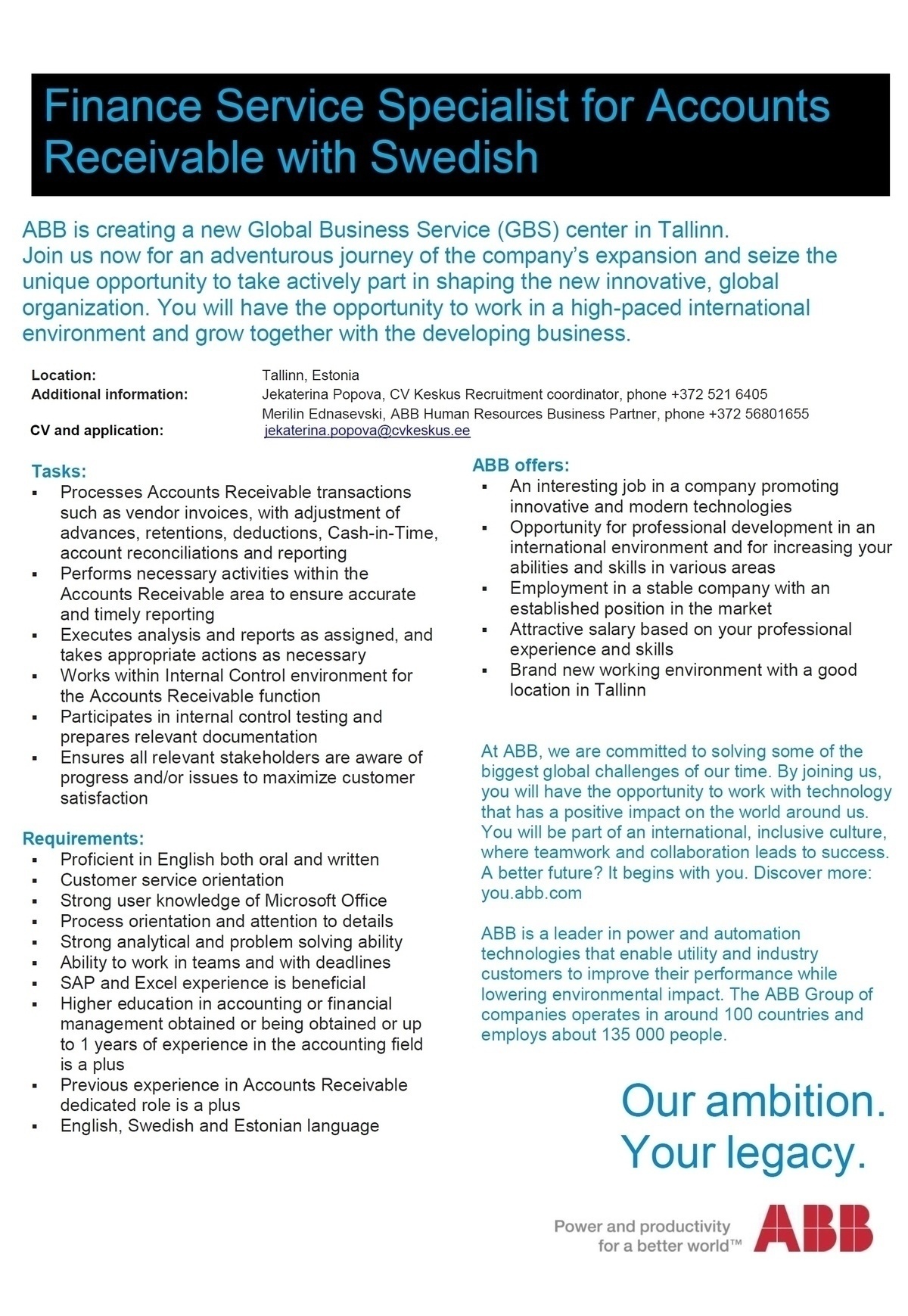 CV KESKUS OÜ ABB is looking for Finance Service Specialist for Accounts Receivable with Swedish