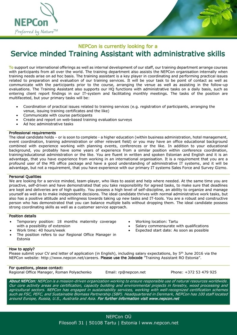 NEPCON OÜ Training Assistant with administrative skills