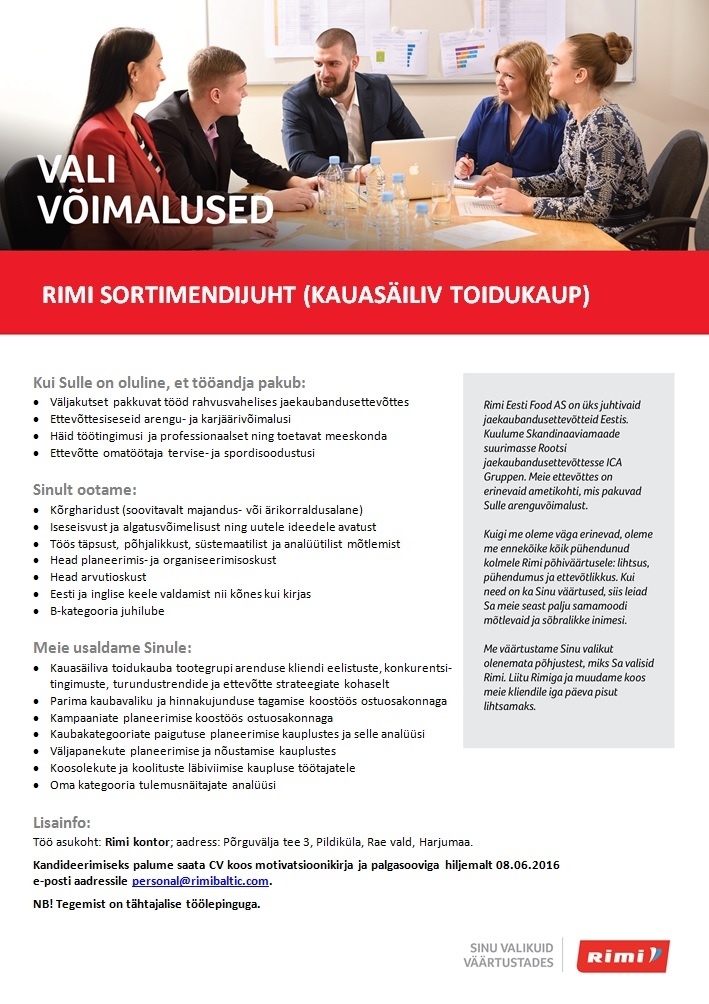 Rimi Eesti Food AS Rimi sortimendijuht (kauasäiliv toidukaup) - Rimi kontor, Põrguvälja tee 3, Pildiküla, Rae vald, Harjumaa