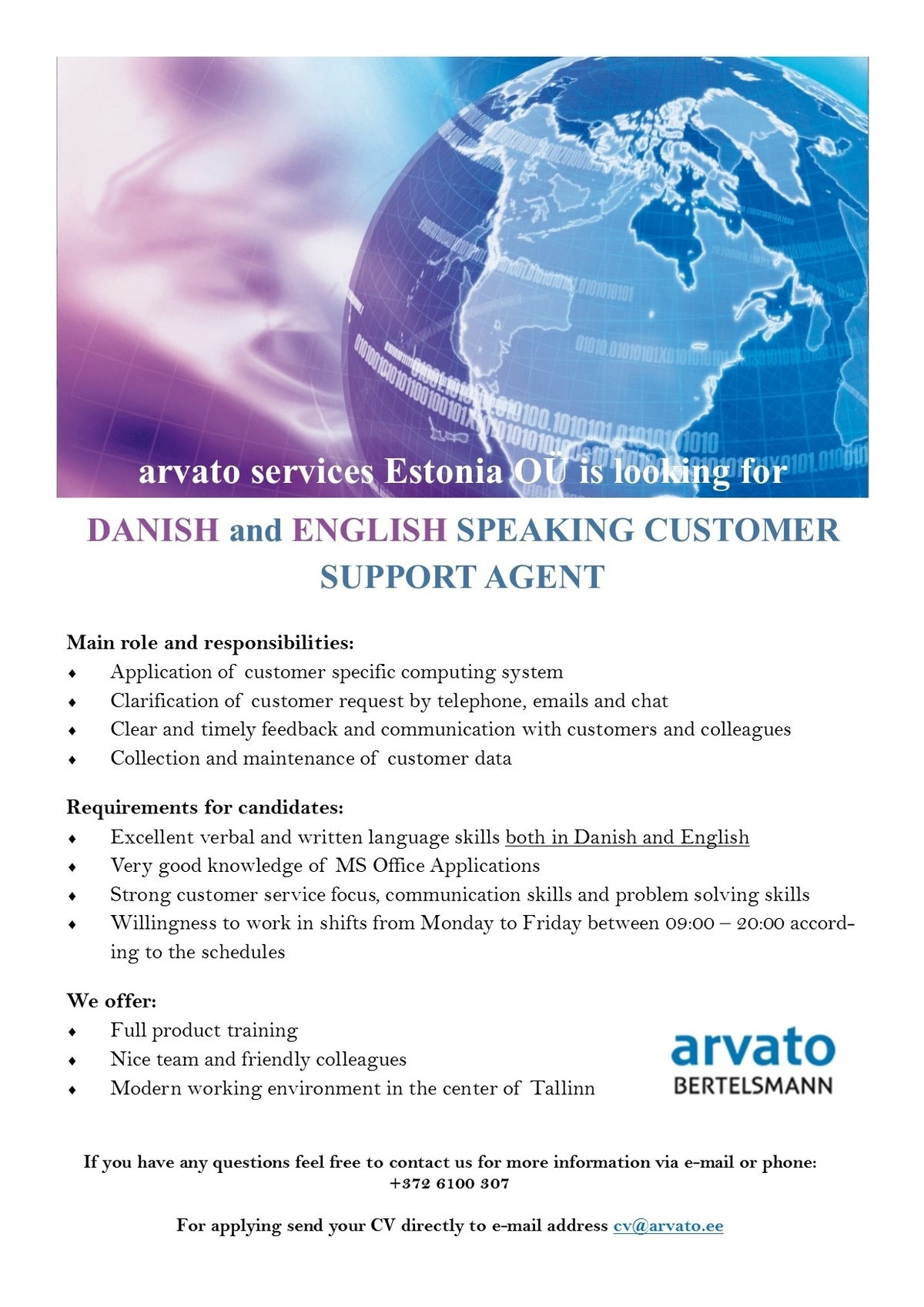 Arvato Services Estonia OÜ Danish and English speaking Customer Support Agent