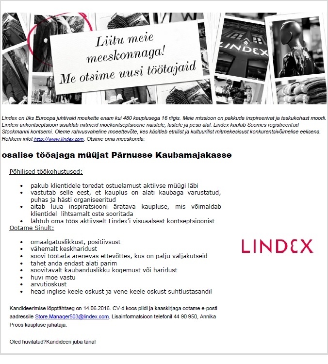LINDEX EESTI OÜ Müüja Pärnu Kaubamajakasse (osalise tööajaga)