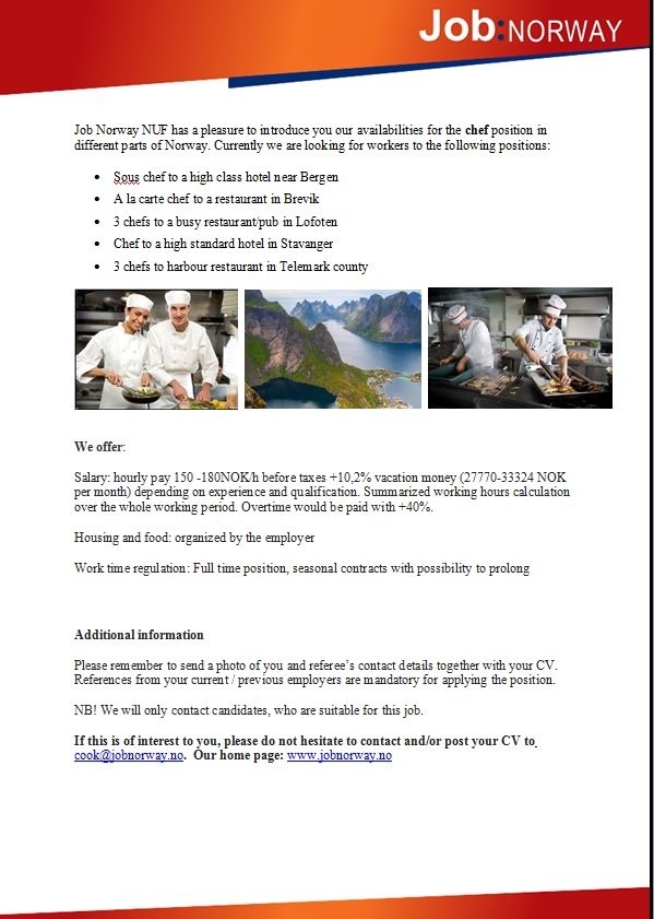 Job Norway Chef position in different parts of Norway