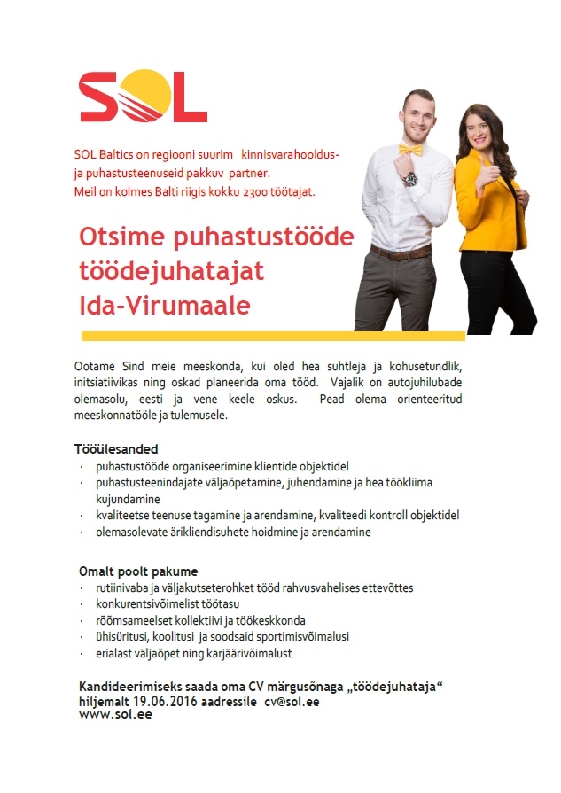 SOL Baltics OÜ Puhastustööde töödejuhataja